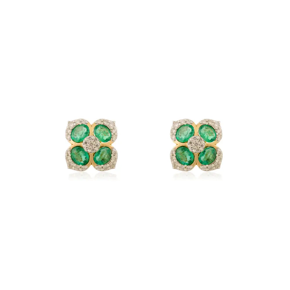 Unique Design Emerald & Diamond Pure 18K Yellow Gold Flower Shape Stud Earrings For Women's