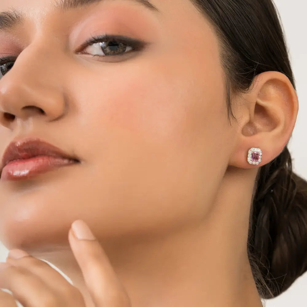 Birthstone Jewelry Pink Sapphire & Diamond Fine Halo Stud Earrings Women's 14K Yellow Gold