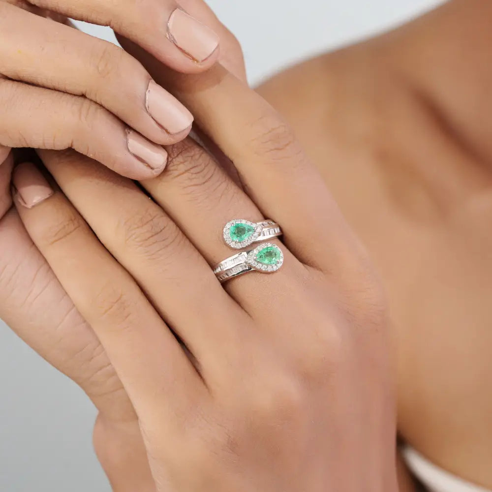 Authentic Emerald & Diamond Statement Bypass Ring Pure 14K White Gold Handmade Jewelry