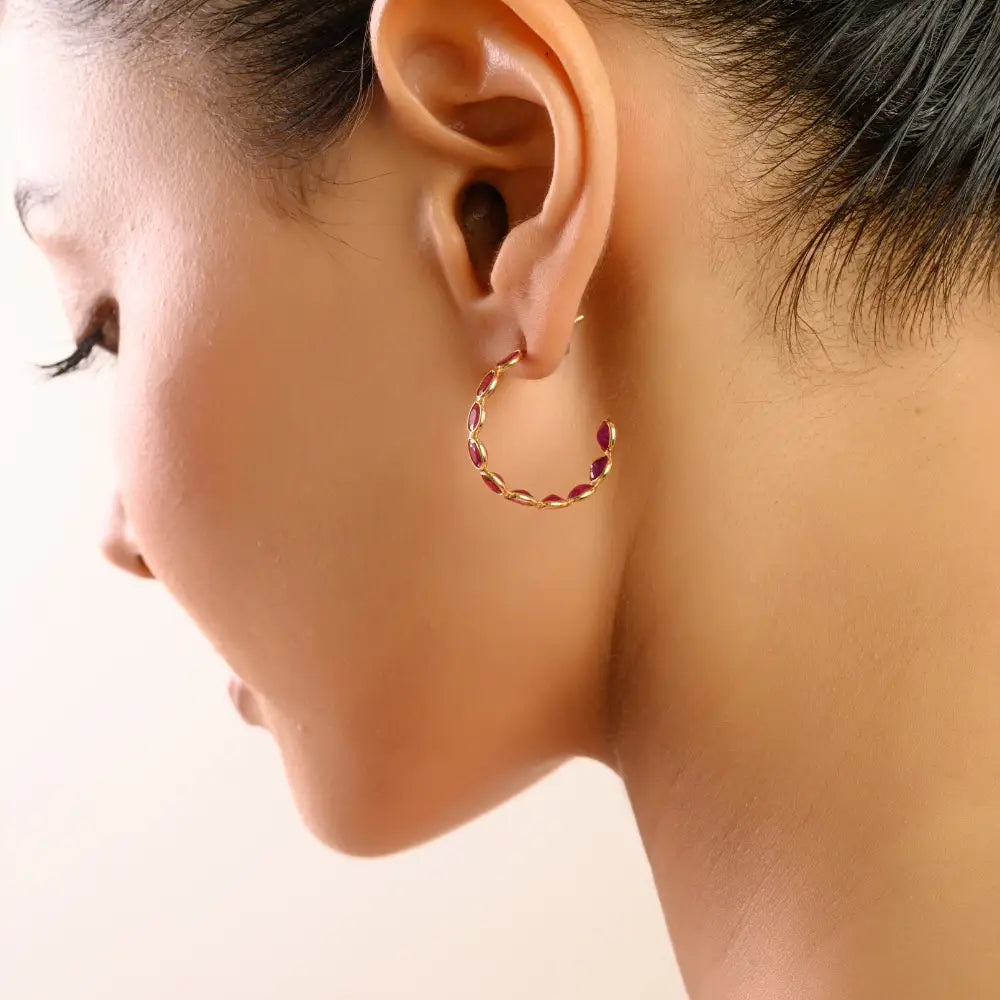 Bezel Set C Shape Hoop Earrings Featuring Ruby Gemstone 18K Real Yellow Gold Gift For Mom