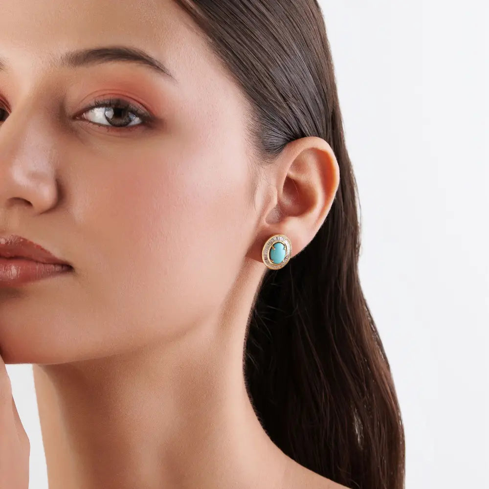 Best Seller 14K Real Yellow Gold Turquoise & Diamond Halo Stud Earrings Fine Bulk Jewelry