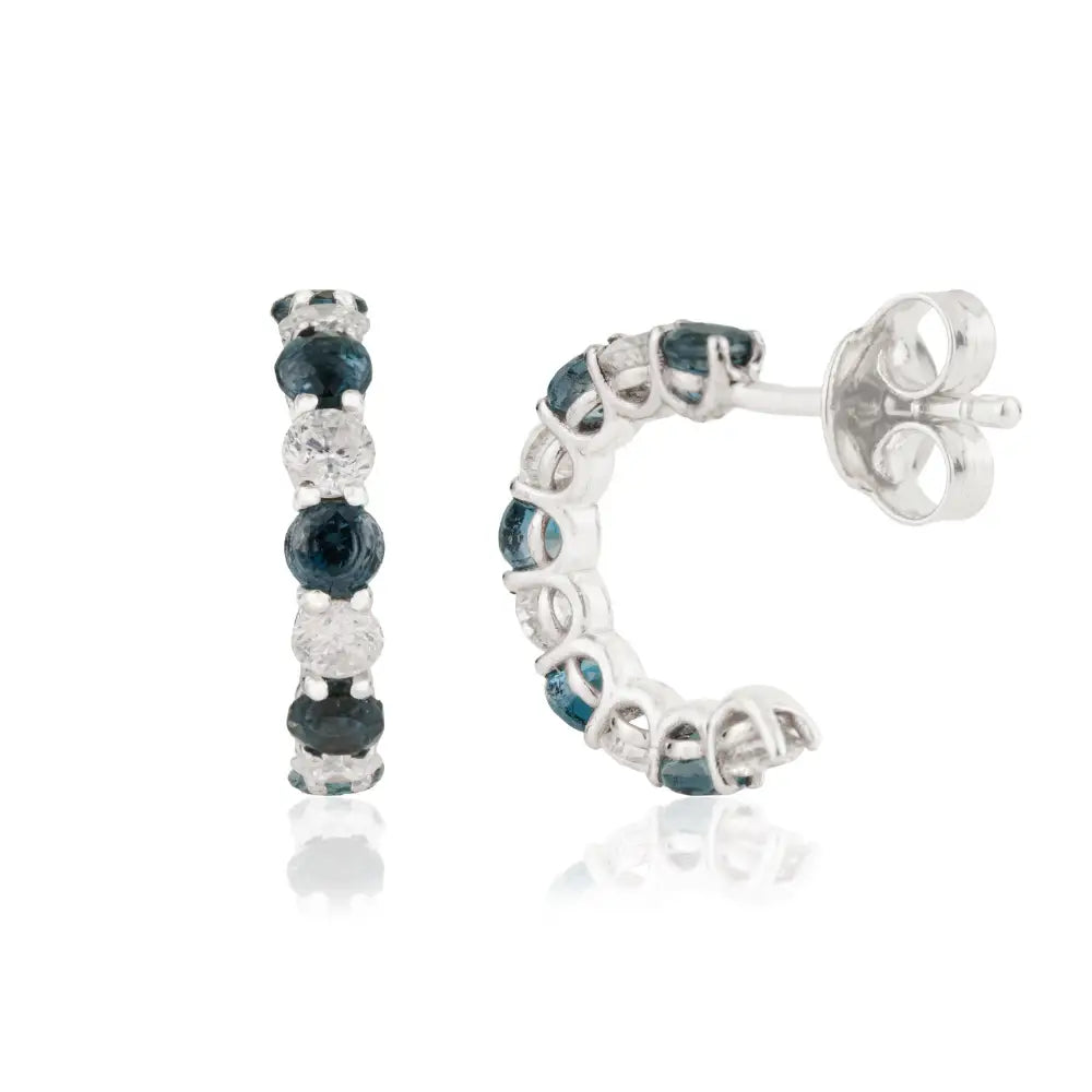 K14 Real White Gold Blue Sapphire & Diamond Small Hoop Earrings Everyday Wear Women Jewelry