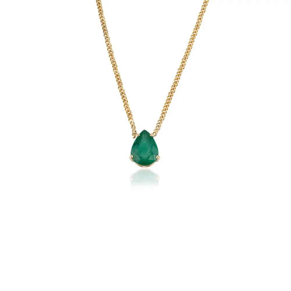 K14 Solid Yellow Gold Pear Shape Emerald Single Stone Curb Link Chain Pendant Necklace