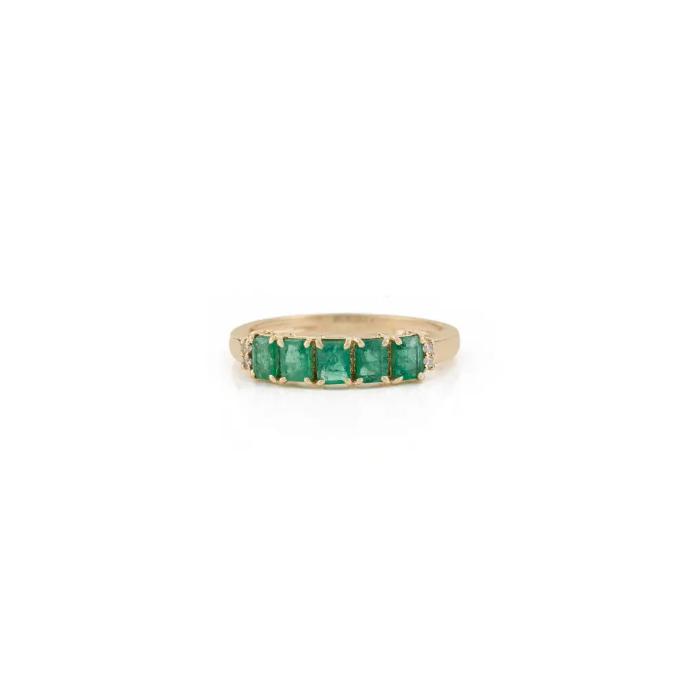 14K Real Yellow Gold Fine Emerald & Diamond Stackable Gemstone Ring Everyday Wear Jewelry