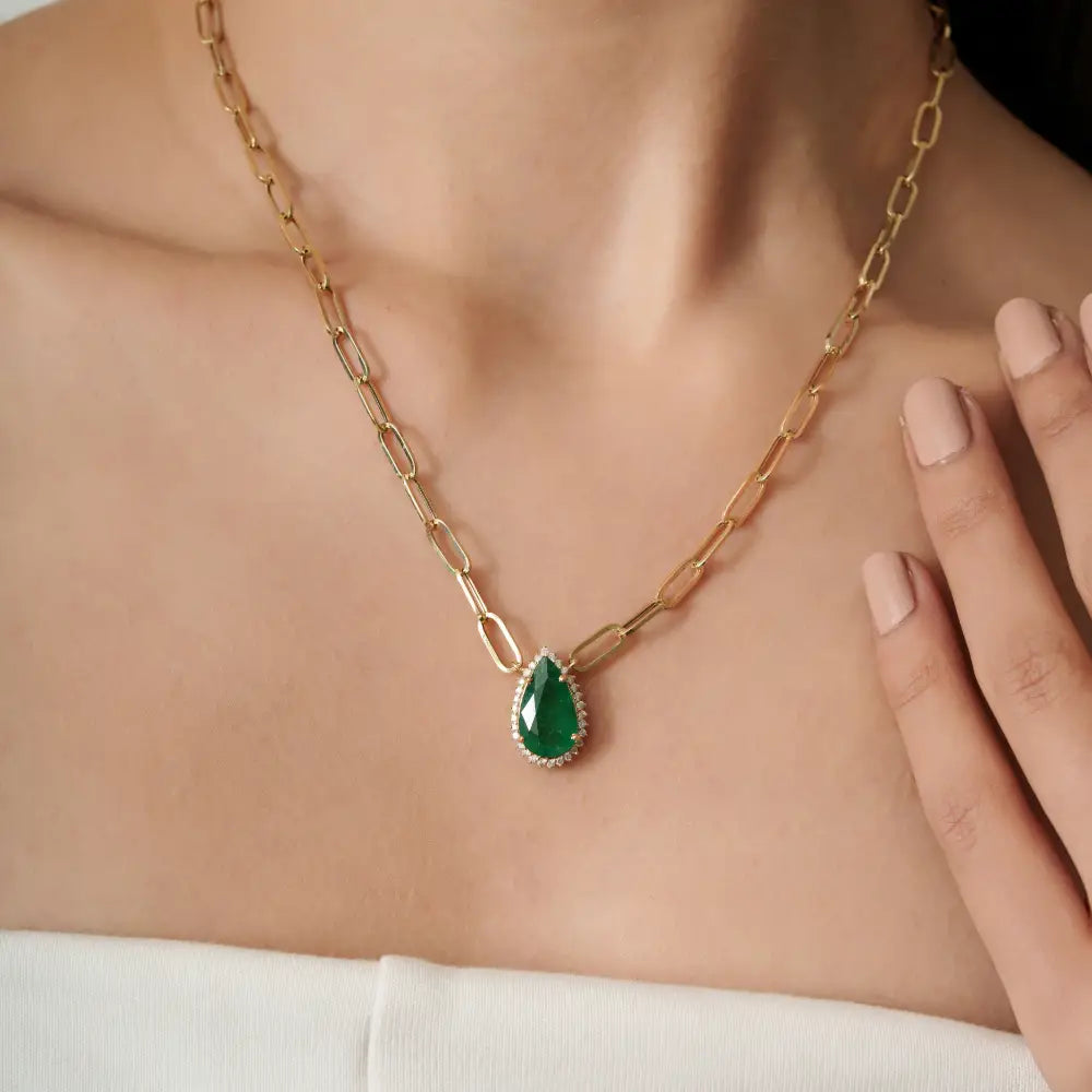 May Birthstone Emerald & Diamond Solitaire Cluster Pendant Necklace Fine K14 Real Yellow Gold