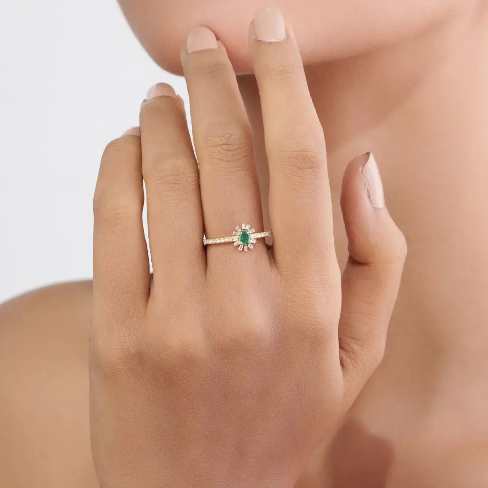Newly Design Emerald & Diamond K14 Solid Yellow Gold Stacking Ring Minimal Jewelry