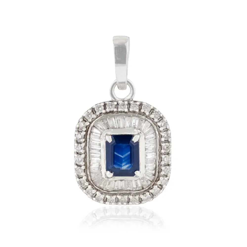 Real Blue Sapphire & Diamond 14K Pure White Gold Double Cluster Pendant For Wedding