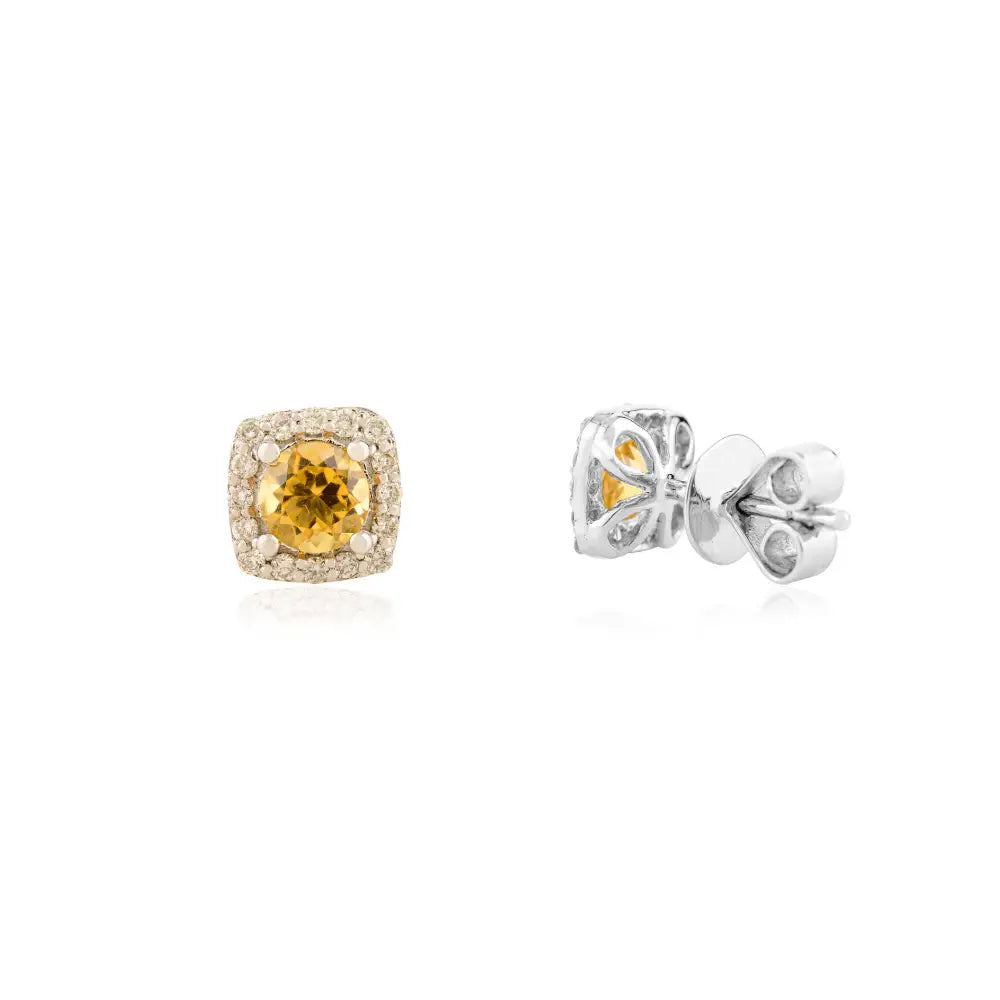Minimal Design Citrine & Diamond Small Halo Stud Earrings Fine 14K White Gold Jewelry