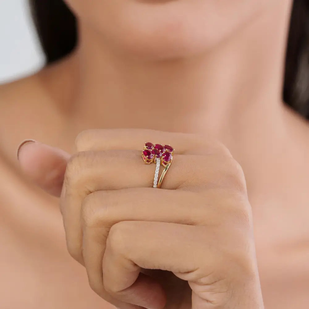 Precious Gemstone Ruby & Diamond Solid K14 Yellow Gold Wedding Ring Custom Jewelry