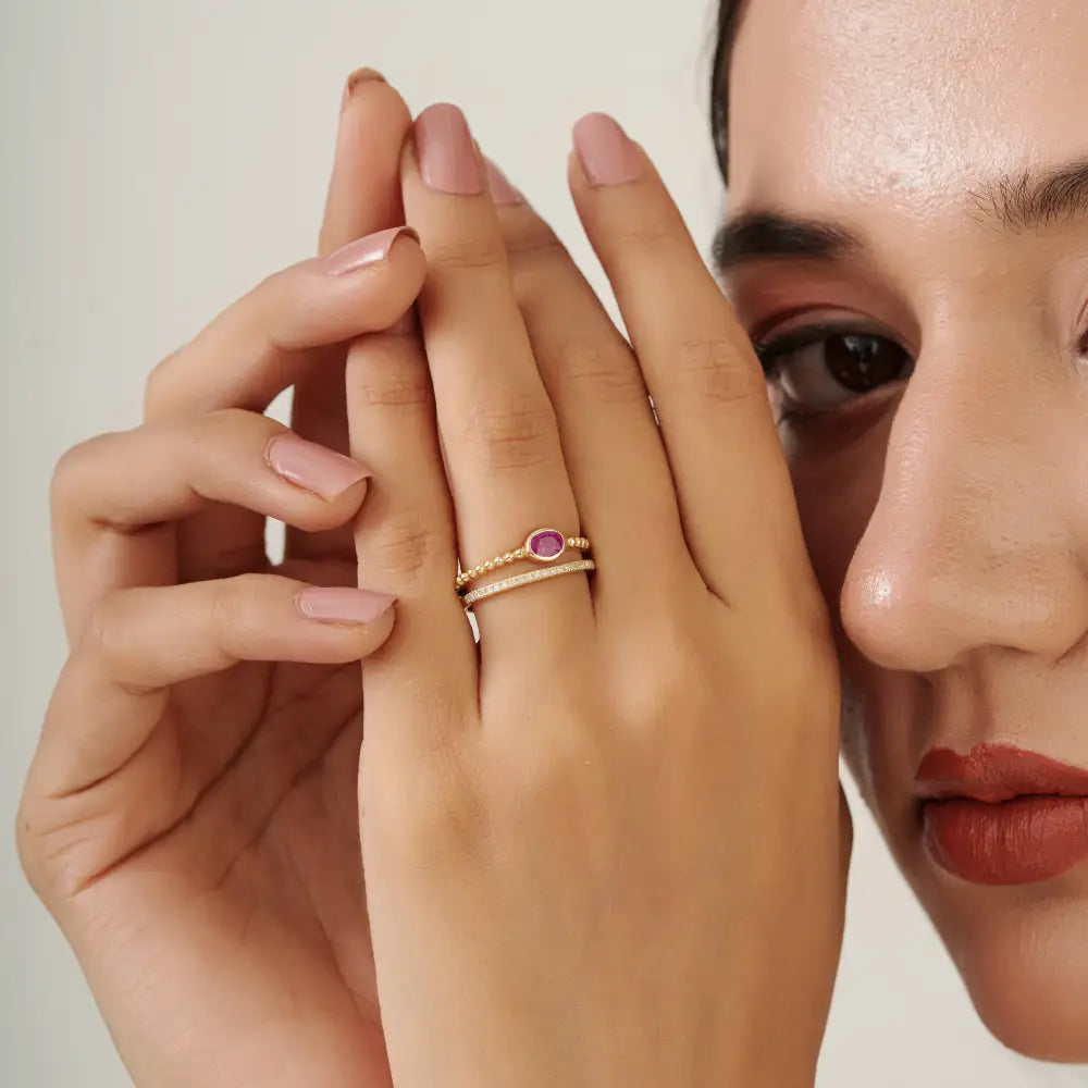 Genuine Ruby & Diamond K14 Real Yellow Gold Double Band Ring Wedding Women Jewelry