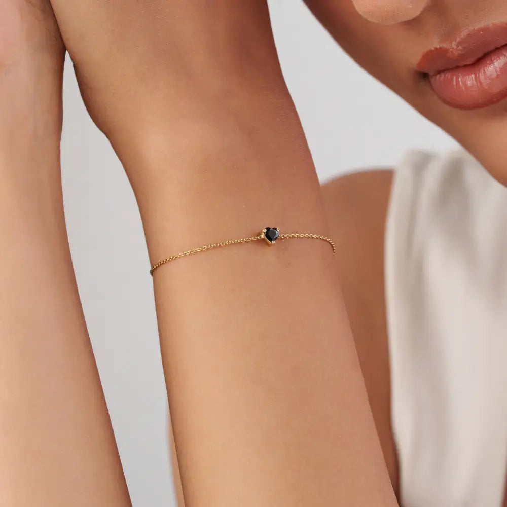 Minimalist Design Heart Shape Blue Sapphire Single Stone Bracelet Real K14 Yellow Gold Stackable Jewelry