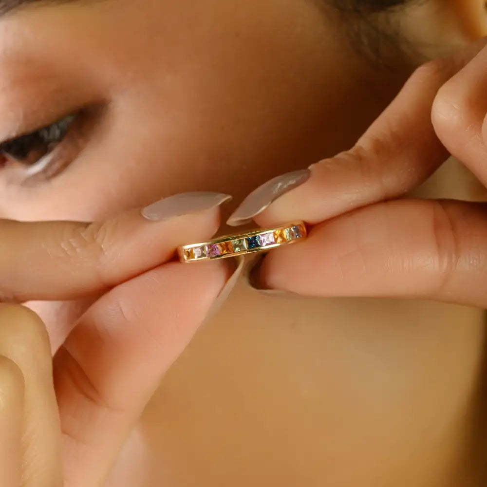 14K Solid Yellow Gold Rainbow Multi Sapphire New Arrivals Half Eternity Band Ring Simple Jewelry