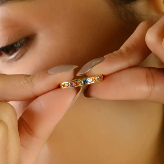 14K Solid Yellow Gold Rainbow Multi Sapphire New Arrivals Half Eternity Band Ring Simple Jewelry