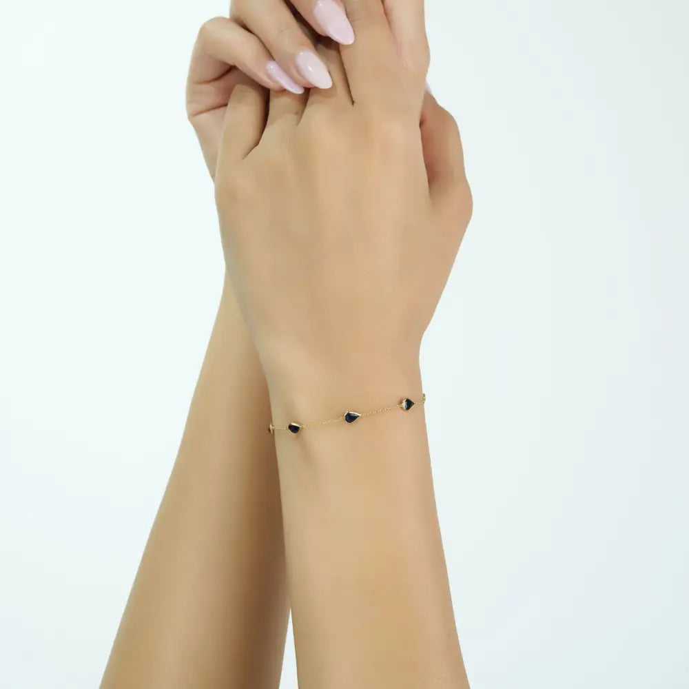 Delicate Simple Design Blue Sapphire Minimal Stacking Station Chain Bracelet 14K Yellow Gold