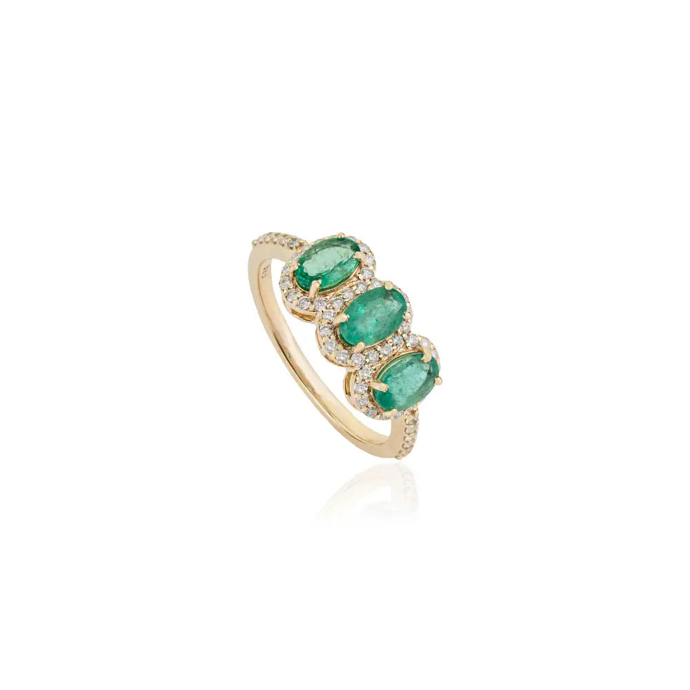 Oval Shape Emerald & Round Cut Diamond Three Stone Ring Fine 14K Solid Yellow Gold Jewelry
