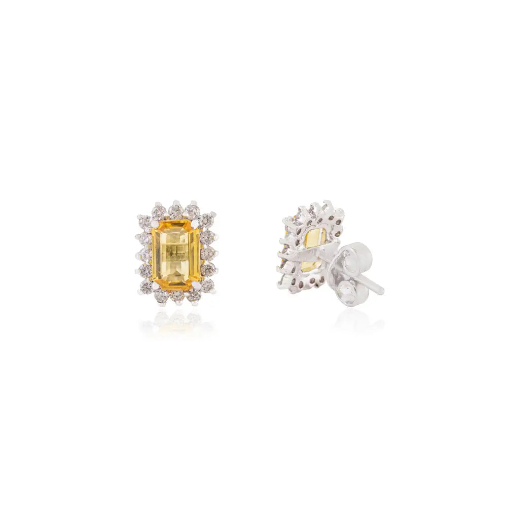 Yellow Sapphire & Diamond Push Back Cluster Stud Earrings 14K Real White Gold Women Jewelry