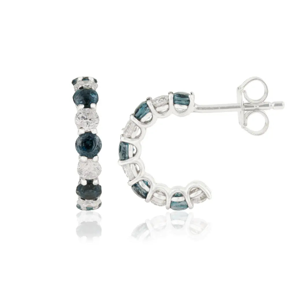 K14 Real White Gold Blue Sapphire & Diamond Small Hoop Earrings Everyday Wear Women Jewelry