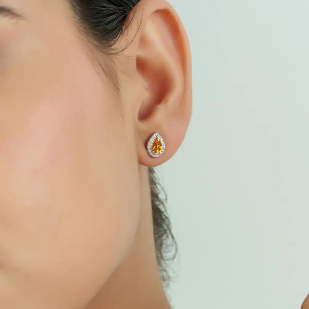 Solid K14 White Gold Yellow Sapphire & Diamond Fine Halo Stud Earrings Handmade Jewelry