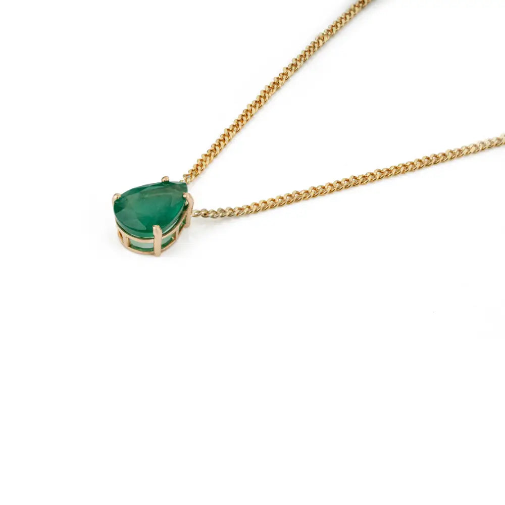 K14 Solid Yellow Gold Pear Shape Emerald Single Stone Curb Link Chain Pendant Necklace