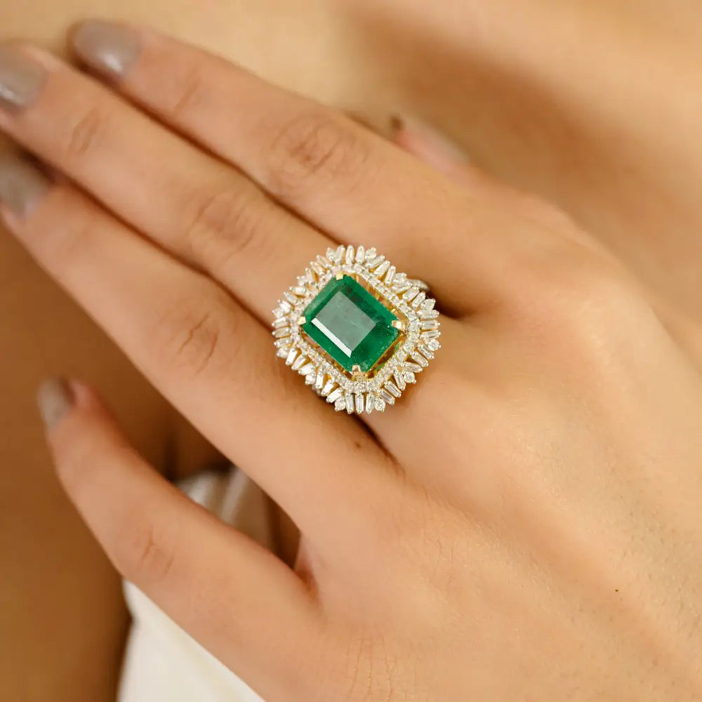 4.83ct. Zambian Emerald & Diamond Fine Statement Ring Bold Bridal Jewelry 14K Yellow Gold
