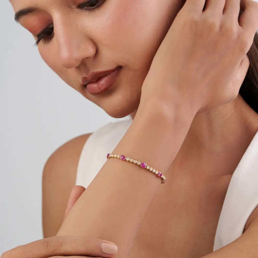 Best Quality 14K Real Yellow Gold Ruby & Diamond Wedding Tennis Bracelet Anniversary Gift