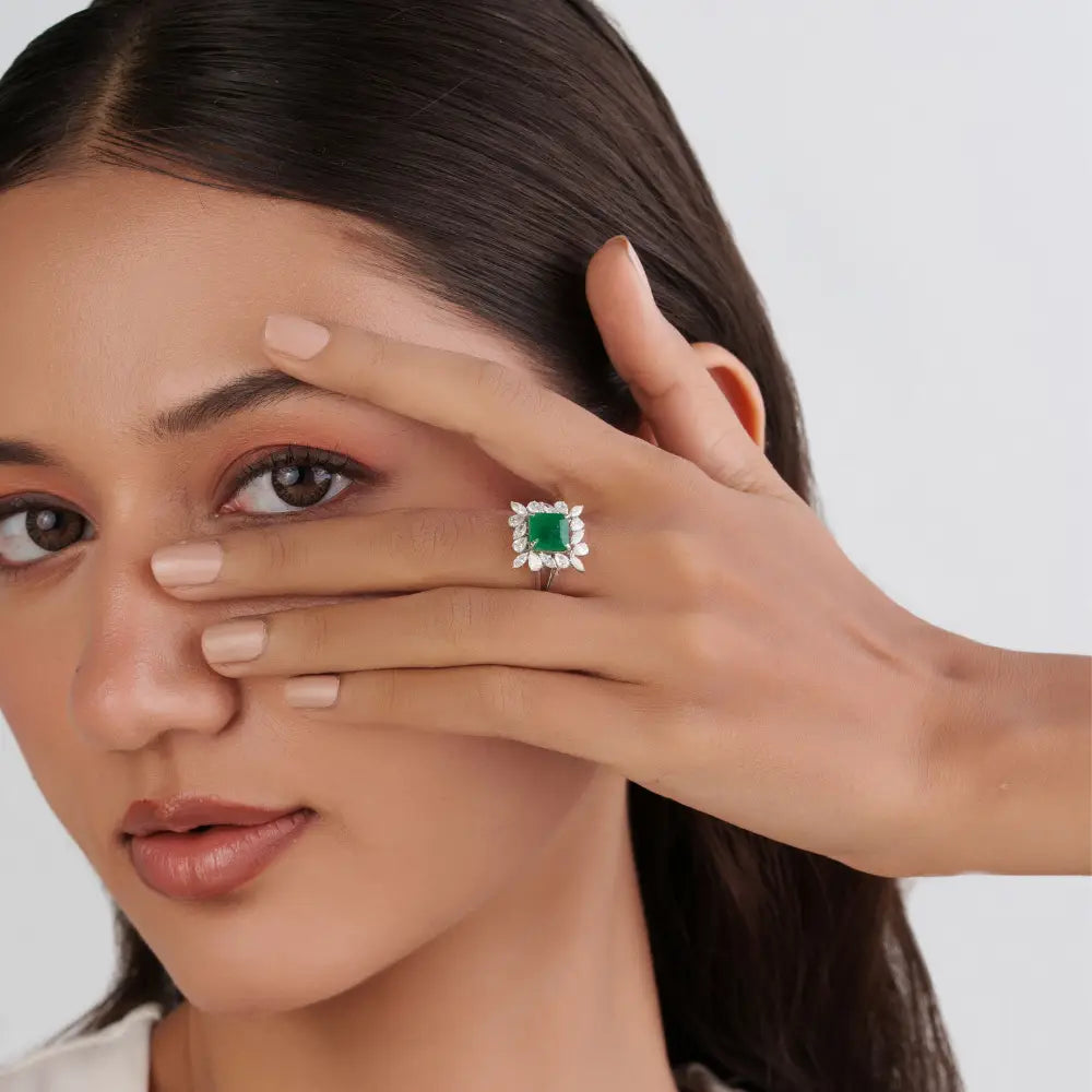 Unique Design Square Cut Emerald & Diamond Cocktail Ring Real K18 White Gold Luxury Jewelry