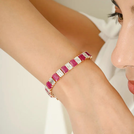 K18 Yellow Gold Genuine Ruby & Diamond Statement Tennis Bracelet Wedding Jewelry