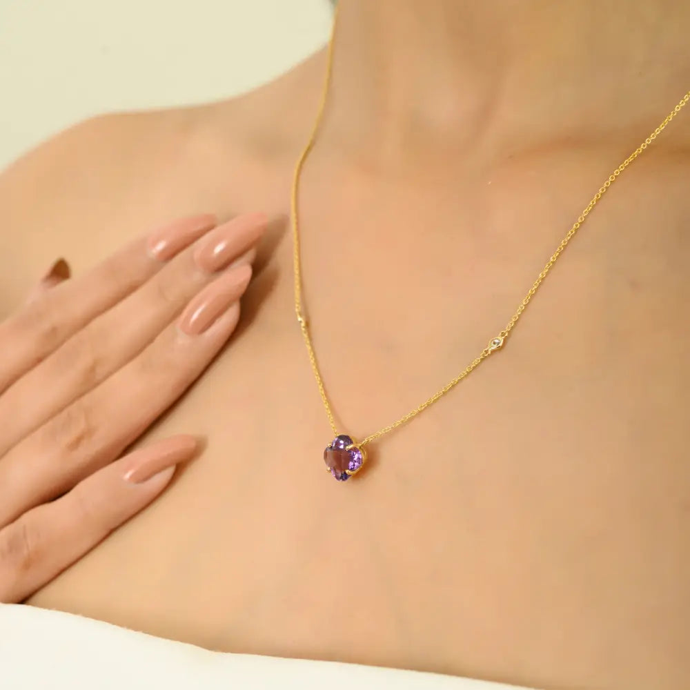 Clover Shape Amethyst & Round Cut Diamond Minimal Stacking Pendant Necklace K14 Gold