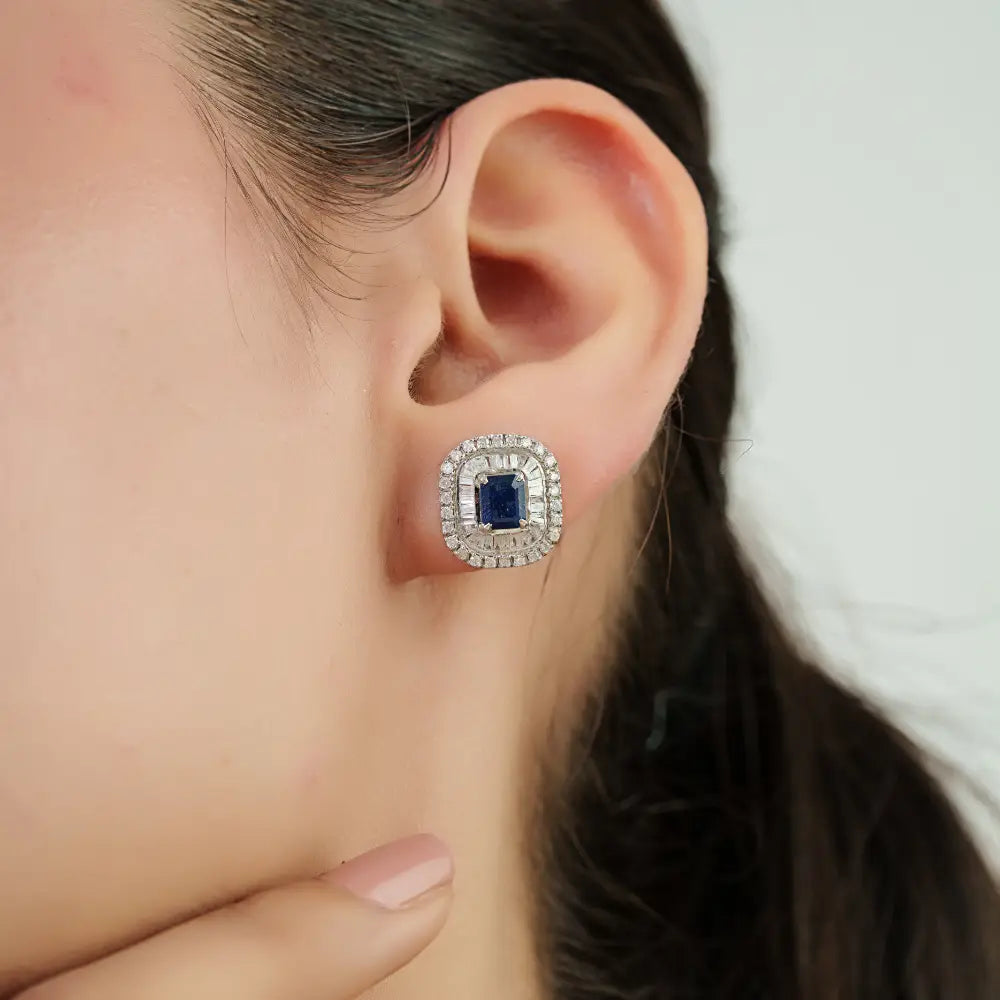 Gorgeous Blue Sapphire & Diamond Double Cluster Stud Earrings 14K Solid White Gold Jewelry