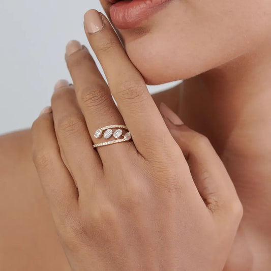 Unique Design 14K Pure Yellow Gold Genuine Diamond Bypass Style Statement Ring For Wedding