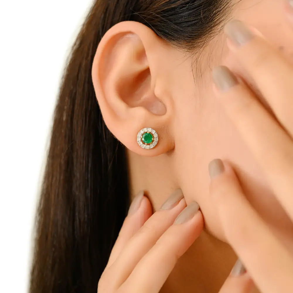 High Quality Emerald & Diamond 18K Yellow Gold Round Shape Halo Stud Earrings Fine Jewelry