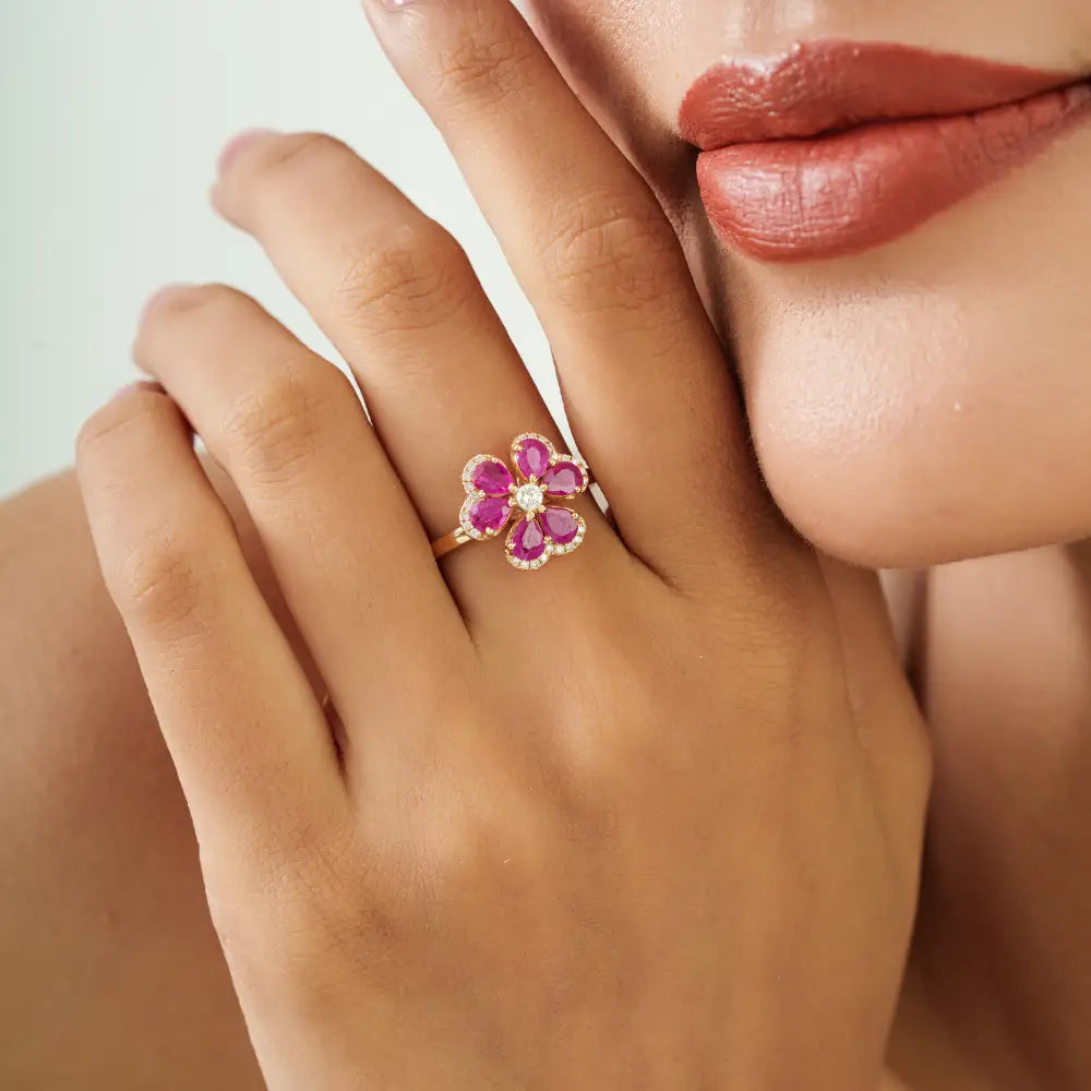 Luxury Ruby & Diamond Flower Shape Cocktail Ring For Wedding Solid 14K Yellow Gold Jewelry