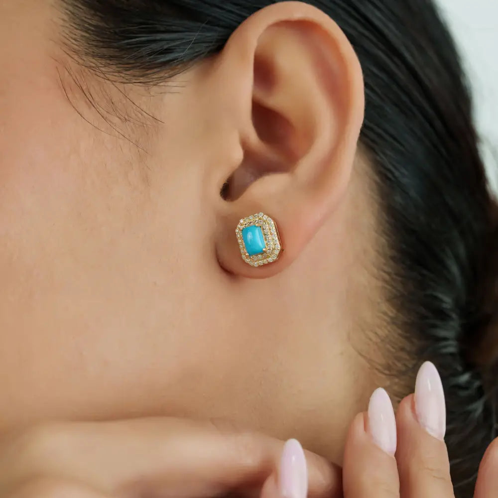 14K Yellow Gold Turquoise & Diamond Double Cluster Stud Earrings For Women Fine Jewelry
