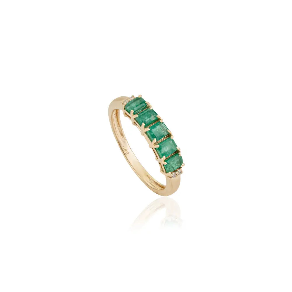 14K Real Yellow Gold Fine Emerald & Diamond Stackable Gemstone Ring Everyday Wear Jewelry