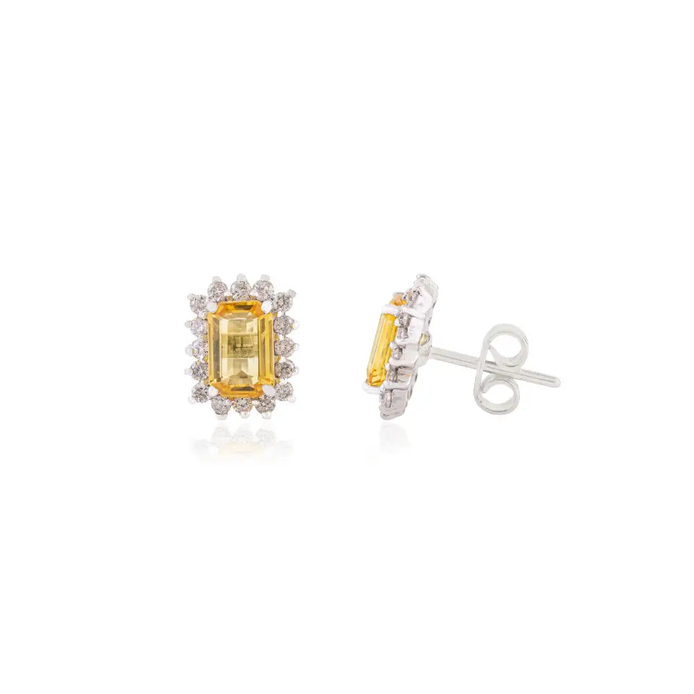 Yellow Sapphire & Diamond Push Back Cluster Stud Earrings 14K Real White Gold Women Jewelry