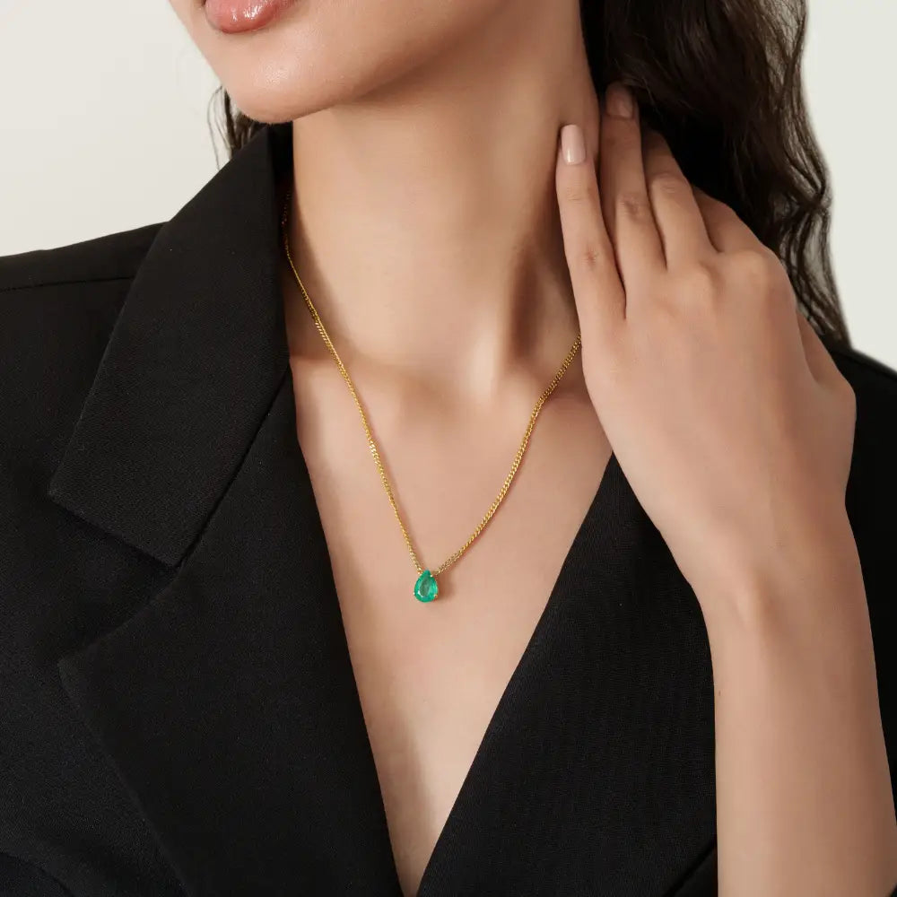 Handmade Natural Emerald Miami Cuban Chain Single Stone Pendant Necklace K14 Yellow Gold