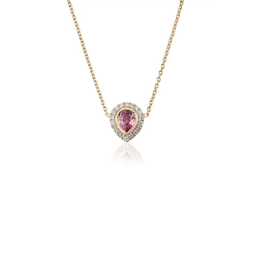 Bezel Set Pink Sapphire & Diamond K18 Real Yellow Gold Solitaire Halo Pendant Necklace