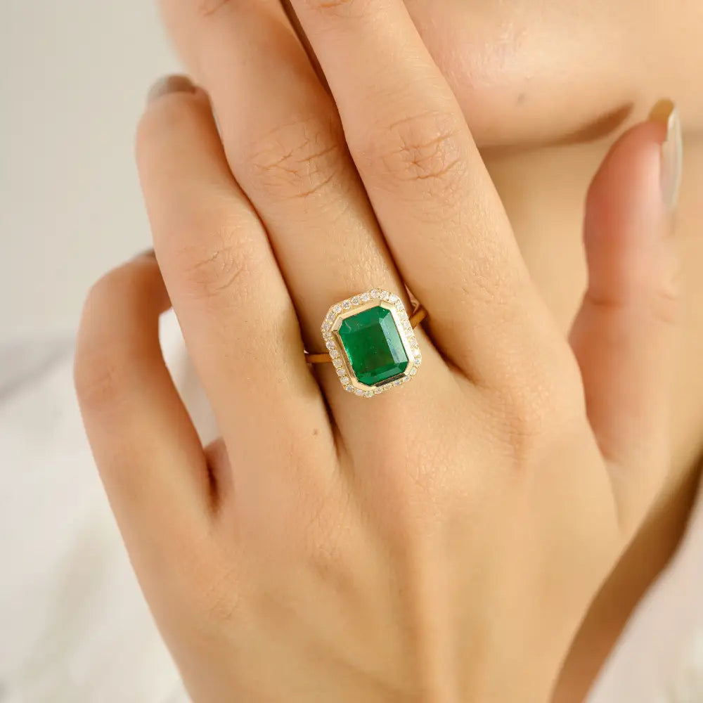 Octagon Cut Emerald & Diamond Halo Statement Ring Real K14 Yellow Gold Precious Jewelry