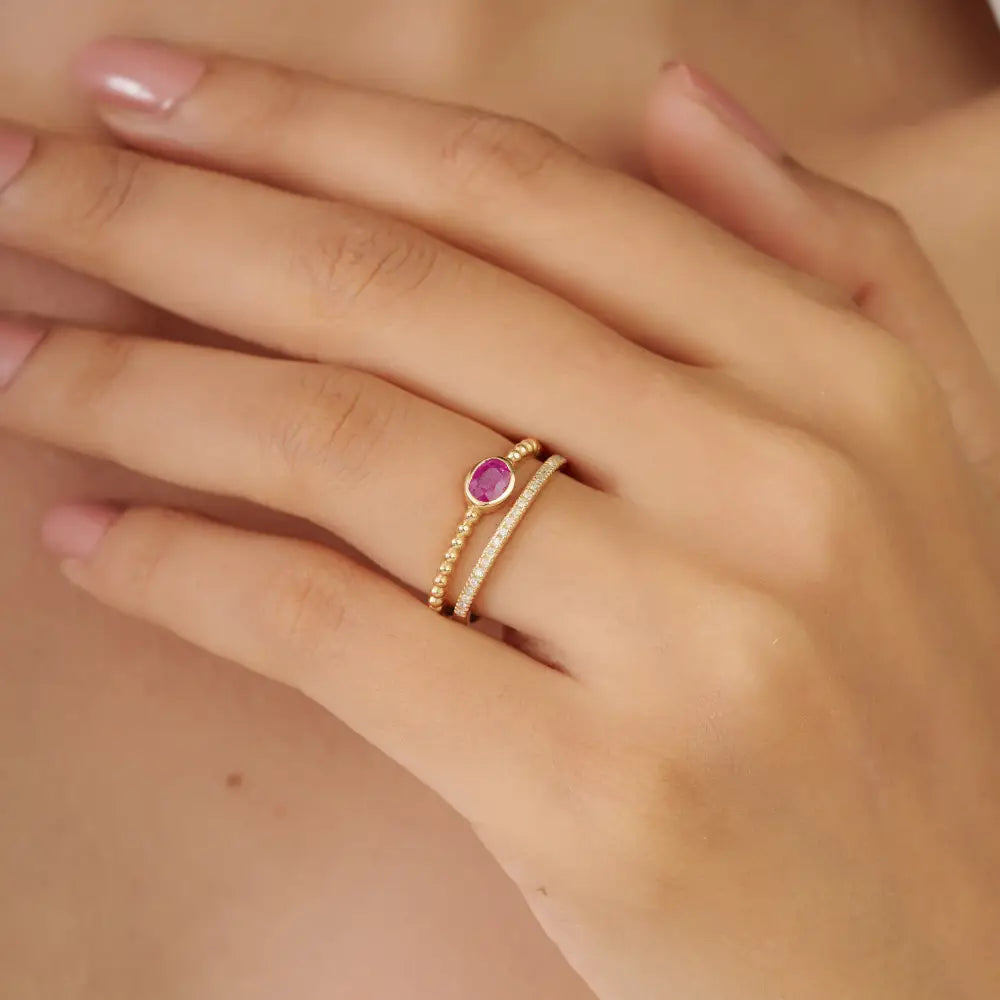 Genuine Ruby & Diamond K14 Real Yellow Gold Double Band Ring Wedding Women Jewelry
