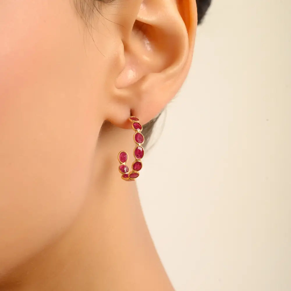 Bezel Set C Shape Hoop Earrings Featuring Ruby Gemstone 18K Real Yellow Gold Gift For Mom