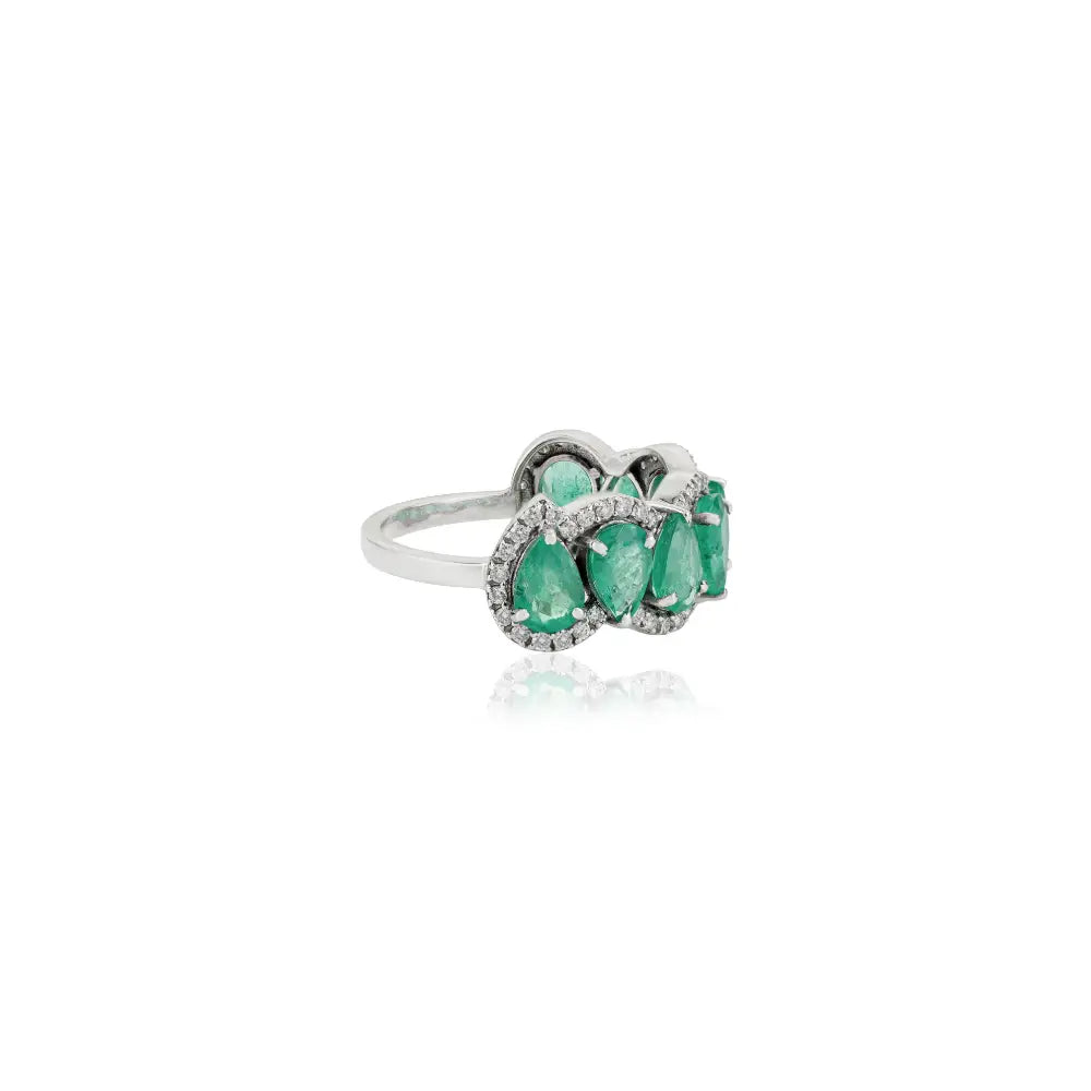 Zambian Emerald & Diamond 14K Real White Gold Wave Shape Half Eternity Band Ring