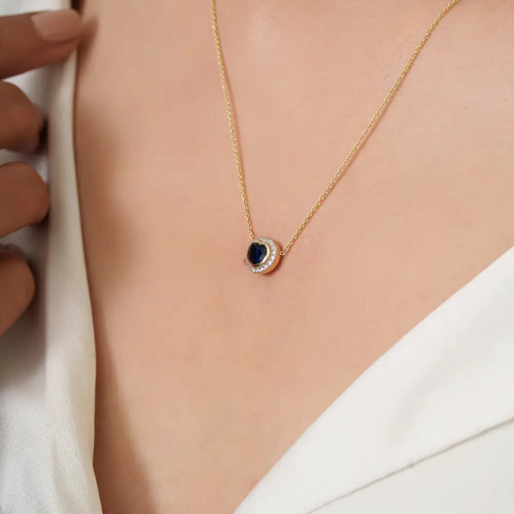14K Yellow Gold Heart Shape Blue Sapphire & Diamond Halo Pendant Necklace Gift For Her