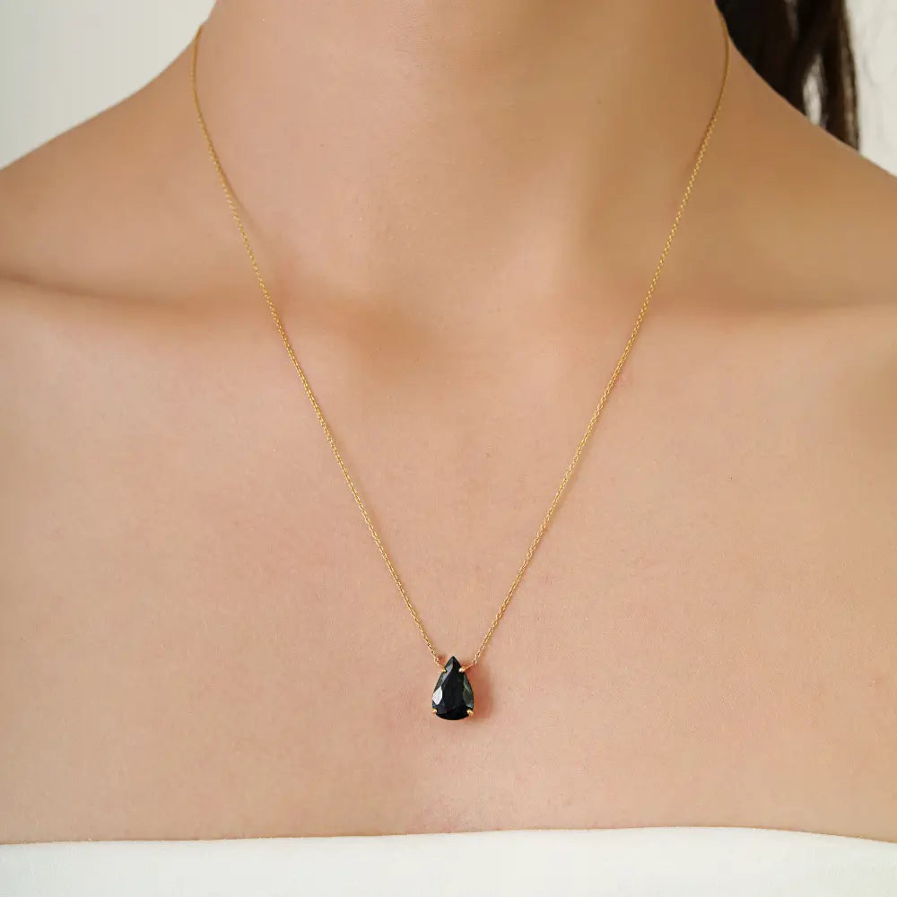 Pure 14K Yellow Gold Pear Cut Black Diamond Solitaire Pendant Necklace Stacking Jewelry