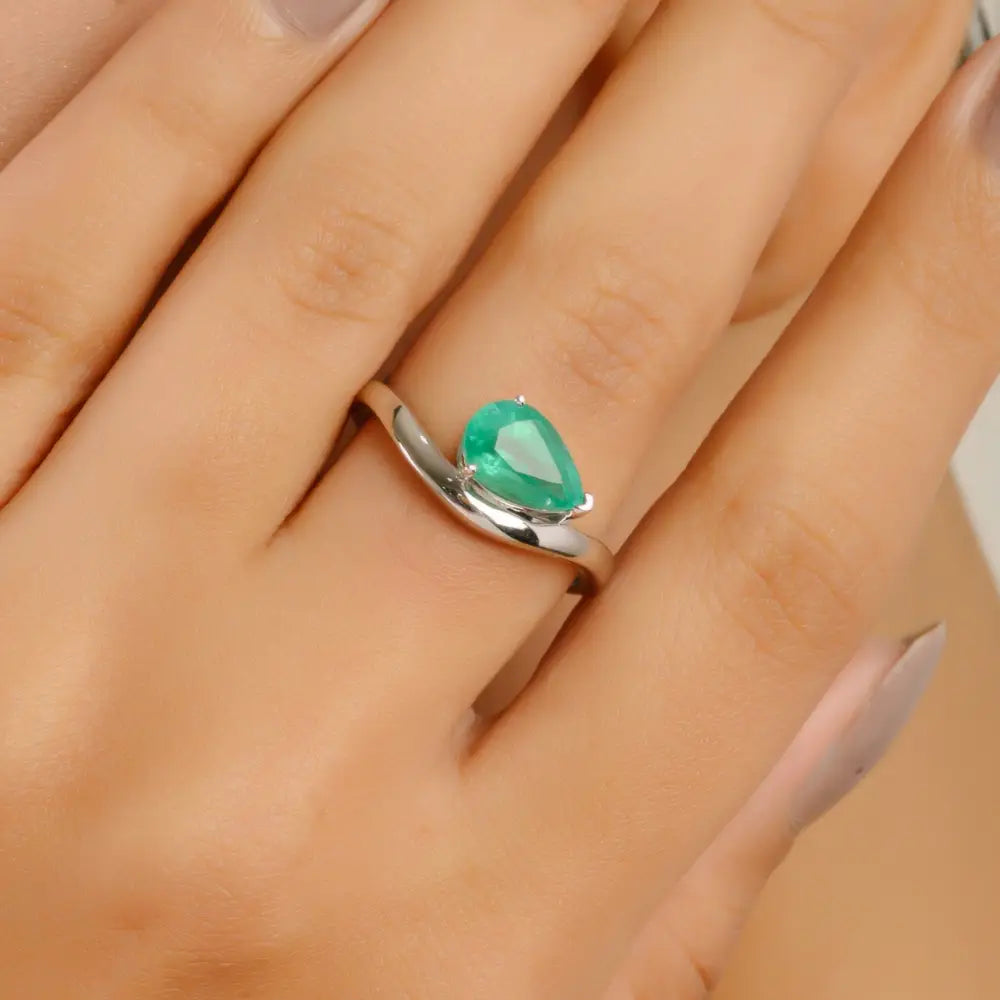 9x6 mm Pear Shape Zambian Emerald Fine Statement Wavy Band Ring 14K Solid White Gold