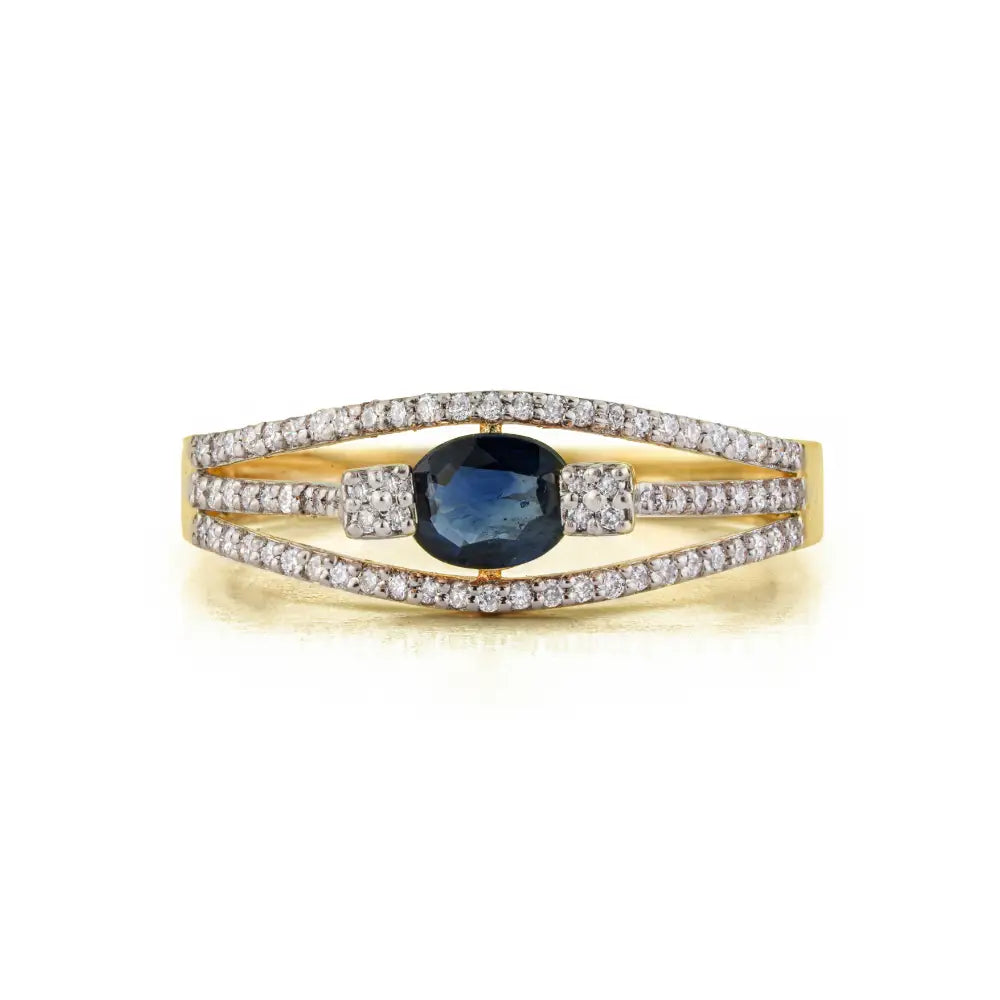 Best Quality 14K Yellow Gold Blue Sapphire & Diamond Triple Layer Statement Ring Fine Jewelry
