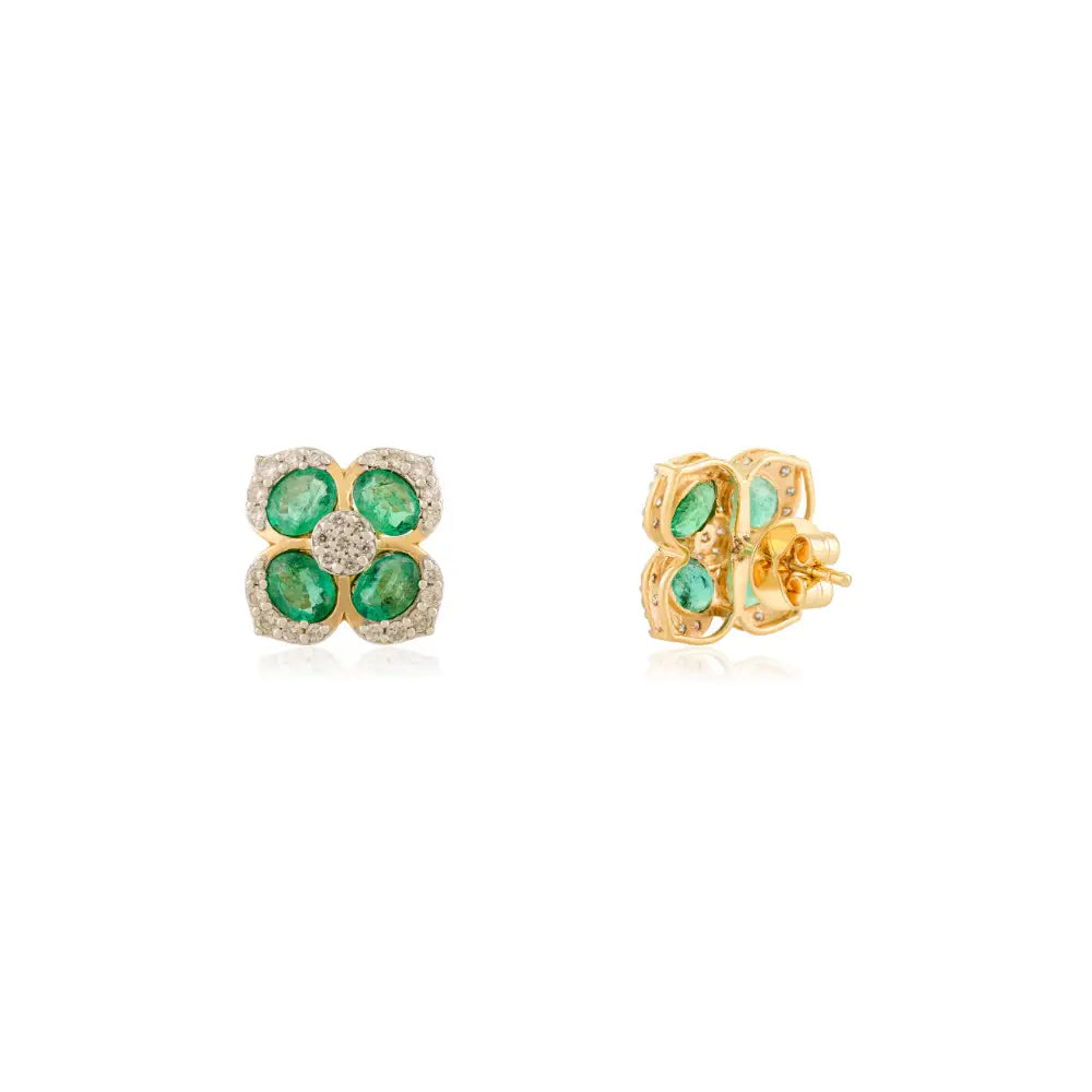 Unique Design Emerald & Diamond Pure 18K Yellow Gold Flower Shape Stud Earrings For Women's