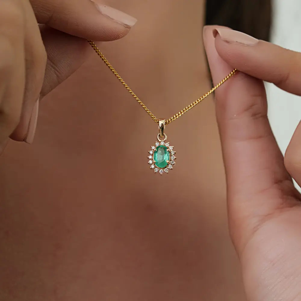 Handmade 14K Yellow Gold Emerald & Diamond Cluster Pendant Small Daily Wear Jewelry