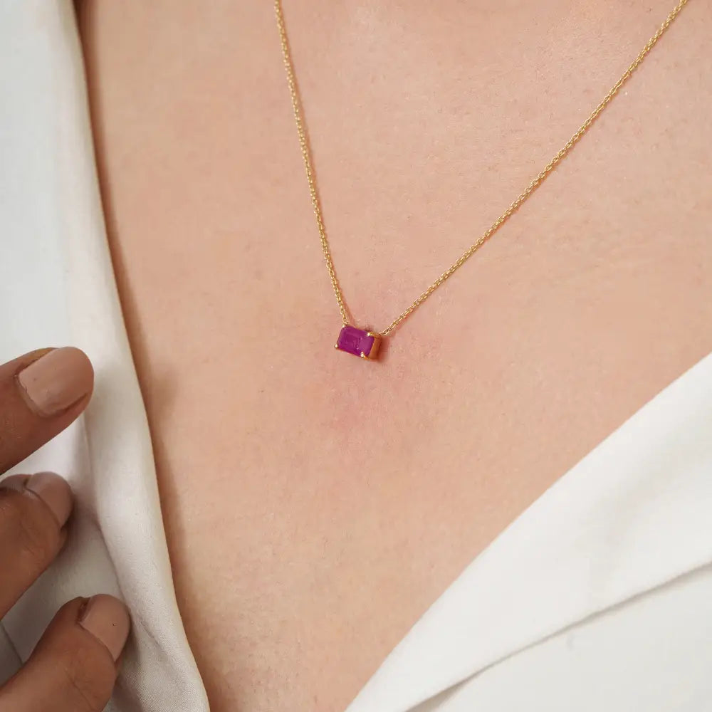Genuine Ruby East West Solitaire Gemstone Pendant Necklace 18K Yellow Gold Hot Sale Jewelry