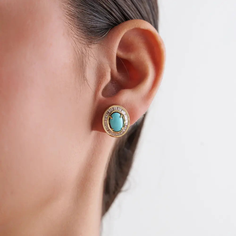 Best Seller 14K Real Yellow Gold Turquoise & Diamond Halo Stud Earrings Fine Bulk Jewelry