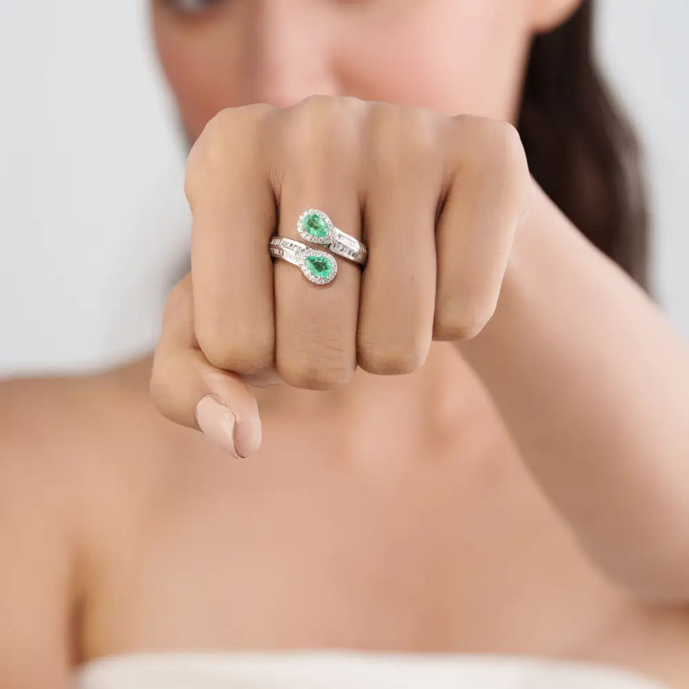 Authentic Emerald & Diamond Statement Bypass Ring Pure 14K White Gold Handmade Jewelry